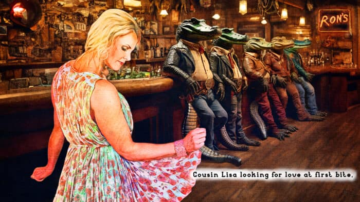 Cousin Lisa in a floral dress at Ron's bar, side-eyeing a lineup of alligators dressed in Western attire.