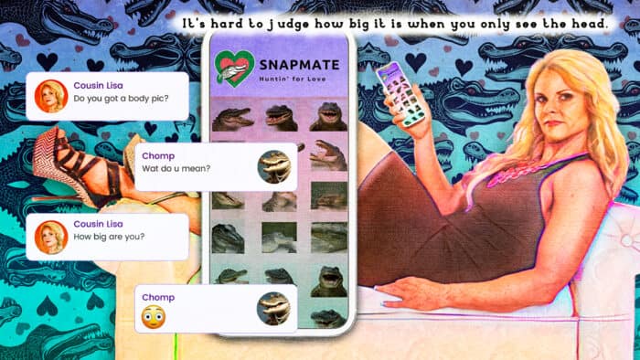 Cousin Lisa using a mobile dating app featuring alligator profile pictures, with text exchanges inquiring about body size.