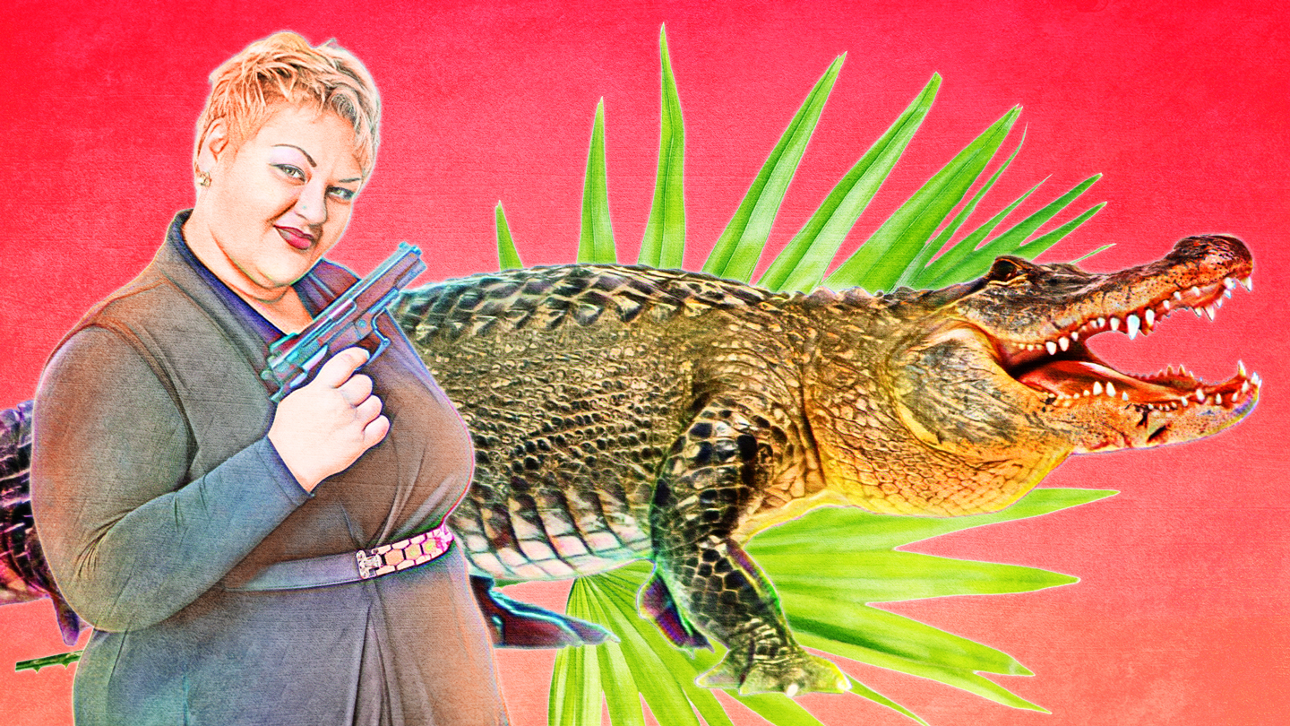 Cousin Marie holding a handgun, facing towards a stylized alligator with its mouth open, against a red background.