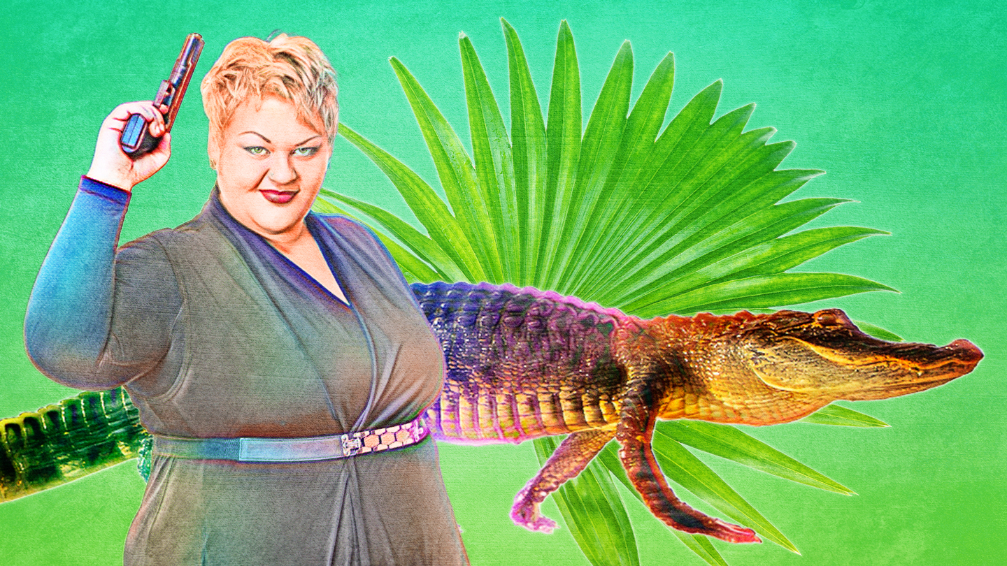 Cousin Marie holding a handgun above her head, standing beside a stylized alligator against a green background.