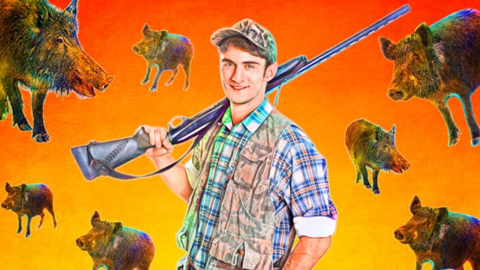 Young hunter with shotgun over shoulder amidst illustrated wild hogs on a vibrant orange background.