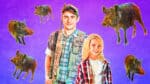Female child and smiling young male hunter in camo gear with wild hogs illustrated on a purple background.