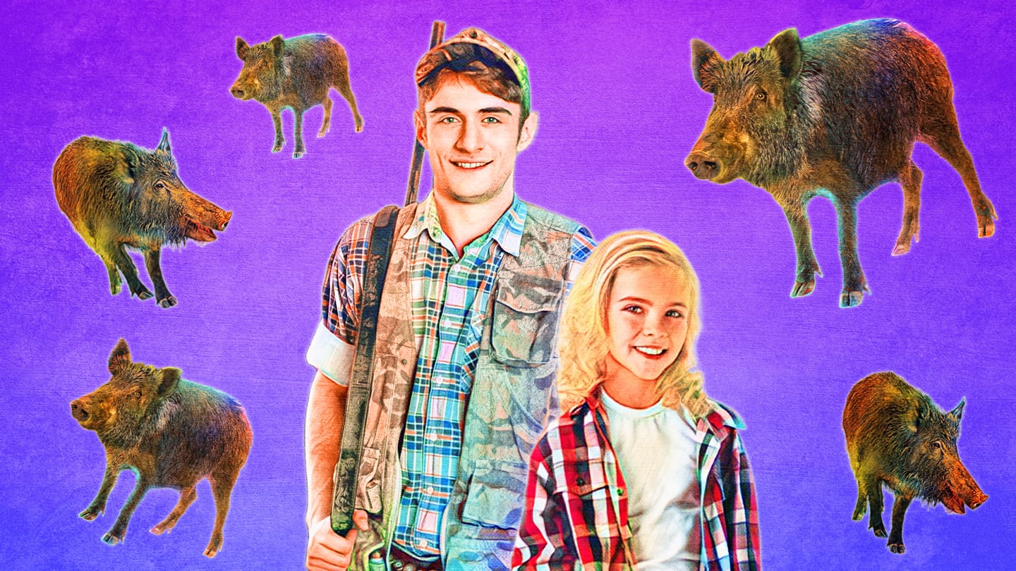 Female child and smiling young male hunter in camo gear with wild hogs illustrated on a purple background.