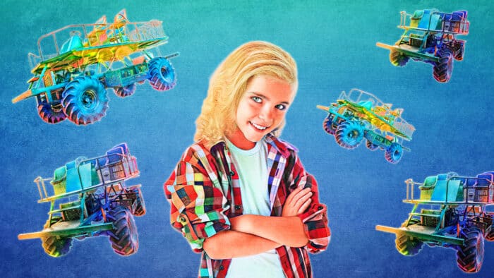 Little Marie in plaid with arms crossed in front of colorful swamp buggy illustrations on a blue background.